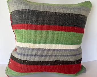 Kilim Pillow Cover, 20x20 Vintage Cushion Cover, Rug Pillow, Antique Pillow, Vintage Pillow Cover, Boho Decor, Decorative Pillow