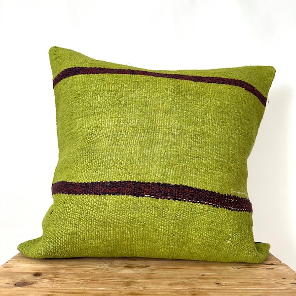 Olive Striped Green Hemp Pillow Cover, 24" x 24" Inches, Vintage Cushions, Couch Pillow, Decorative Pillow, Turkish Pillow, PE-3488