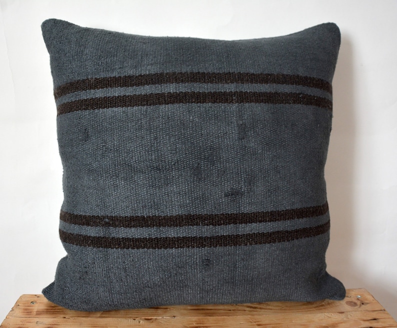 20 X 20 Inc Vintage Cushion Boho Pillow Couch Pillow PE-738 Decorative Pillow Striped Dark Gray Hemp Pillow Throw Pillow