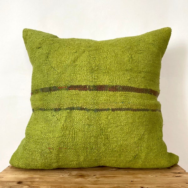 Olive Green Striped Hemp Pillow Cover, 24" x 24" Inches, Vintage Cushions, Couch Pillow, Decorative Pillow, Turkish Pillow, PE-2203