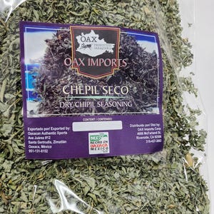 May include: A clear plastic bag filled with dried green herbs labeled "Chepil Seco Dry Chipil Seasoning" with the brand name "Oax Imports". The bag includes information about the product, including the exporter, distributor, and country of origin.