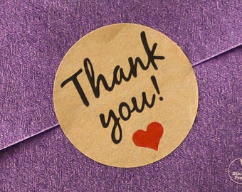 37mm Thank You with Heart Circle Kraft Stickers, Round Thank You Kraft Labels, Wedding Stickers, Eco Friendly Packaging Seals Order Stickers