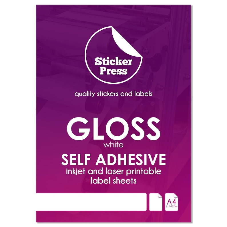 May include: White gloss self-adhesive sticker paper sheets in A4 size (210x277 mm) for inkjet and laser printers. The paper is from Sticker Press, a company that sells quality stickers and labels.