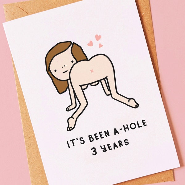 3 year - Funny, cheeky card for a 3rd wedding anniversary for him, for her, girlfriend, boyfriend, fiancé, husband or spouse - Dark Brown