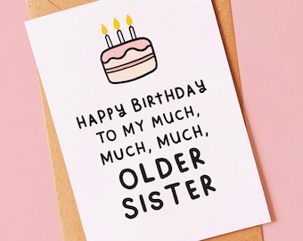 Tarjeta de cumpleaños divertida para tu hermana mayor, ideas de regalo únicas.