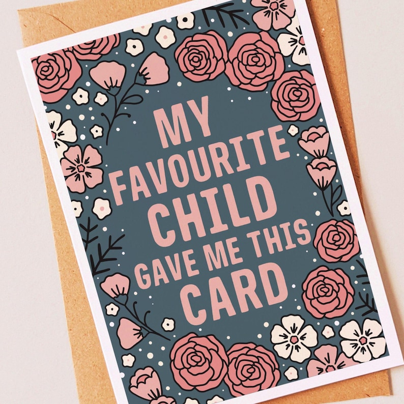 Funny birthday, mothers day card for mum or mam with cute floral pattern. A unique gift for her from son or daughter