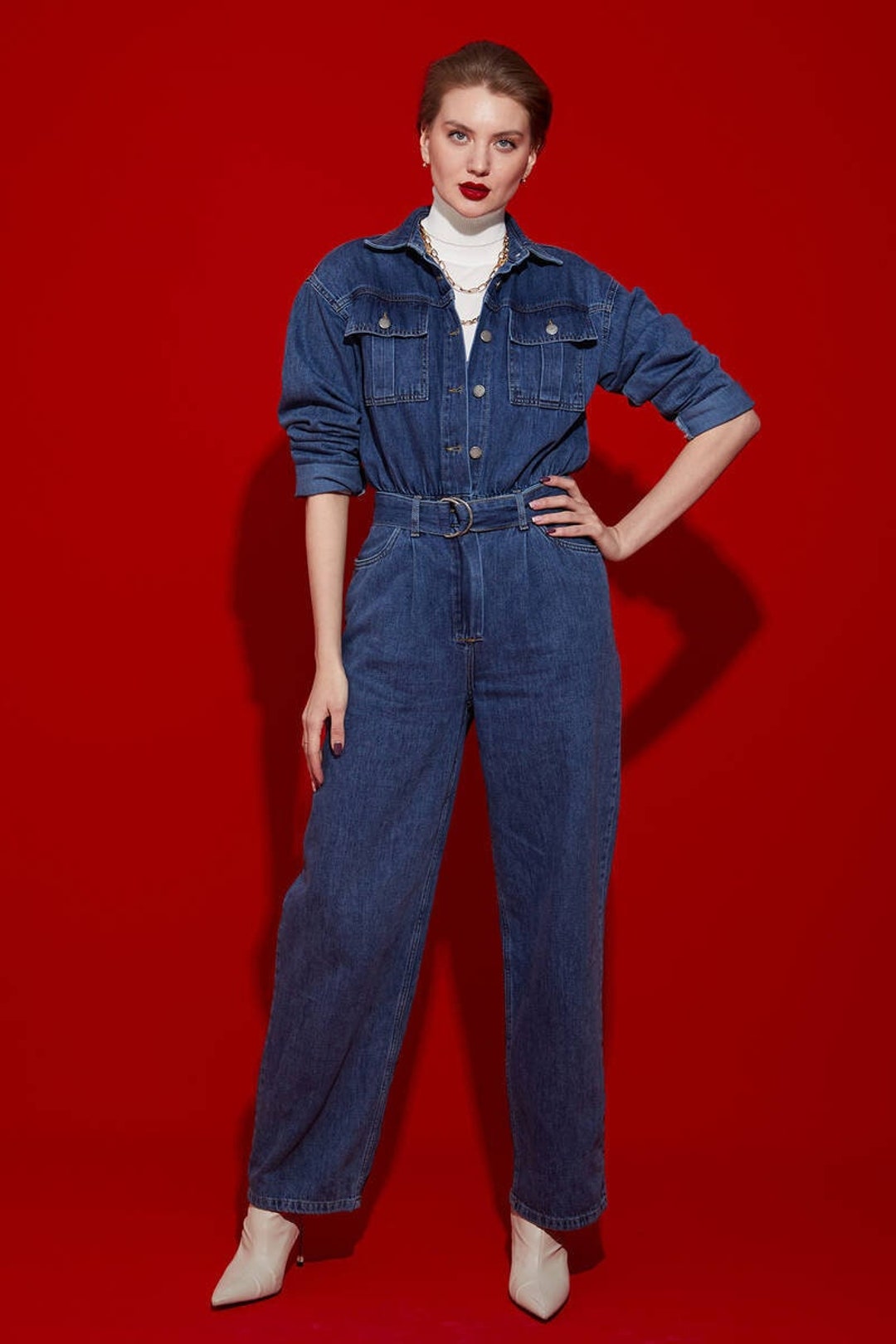 Women's Oversize Jean Jumpsuit Dark Blue Etsy