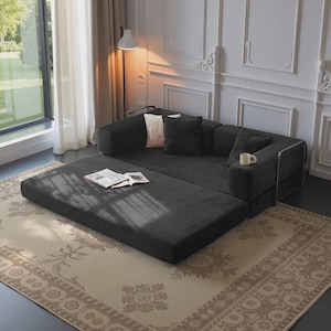 Black Teddy Fabric Modular Floor Sofa Bed: Minimalist Living Room Couch