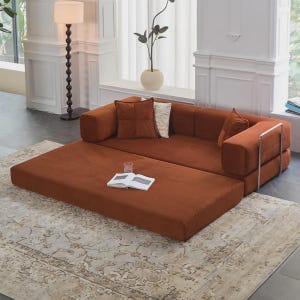 Modular Rust Orange Velvet Teddy Sofa Bed, 4-in-1 Floor Couch with Removable Washable Cover