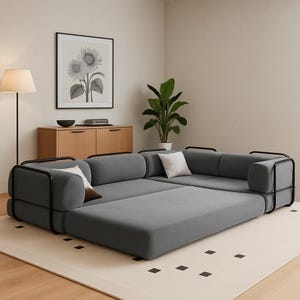 Modular Floor Sofa for Living Room, Sectional Couch with Ottoman, L-Shaped Backrest Lounge Seating