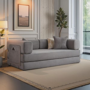 Gray Teddy Fabric Modular Sofa Bed: Foldable Floor Couch with Armrests