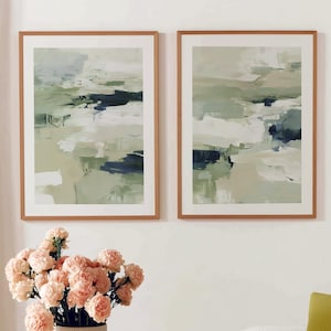 Sage Green Wall Art - Set of 2 Prints - Modern Neutral Home Decor - Green Abstract Art Print Set - Printable Wall Art  - 155