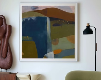 May include: An interior design scene featuring a large abstract painting in a white frame, a brown wooden sculpture, a green sofa, and a round coffee table with a patterned top. The room has a neutral color palette with a modern aesthetic.