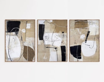 Impresión de arte de pared abstracto, juego de 3 impresiones de arte de pared, impresión de arte neutro, negro y beige, juego de arte de pared de galería, arte de pared imprimible 011