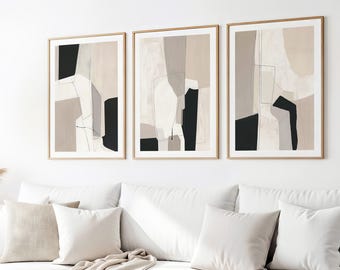 Neutral Abstract Printable Wall Art - Set of 3 Prints - Black and Beige Modern Wall Decor - Scandinavian Home Decor