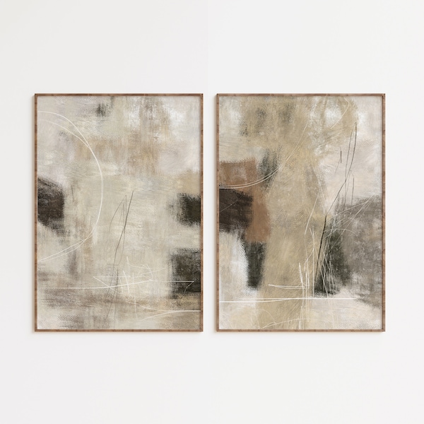 Neutrale Art Print Set van 2, abstracte kunstprints, zwart en beige, moderne muurkunst, afdrukbare muurkunst, digitale download