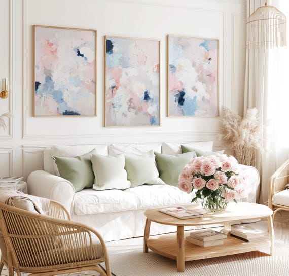 Soft Pastel Abstract Set of 3 Prints – Blush Pink & Blue Printable Wall Art – Modern Minimalist Scandinavian Home Decor - 343