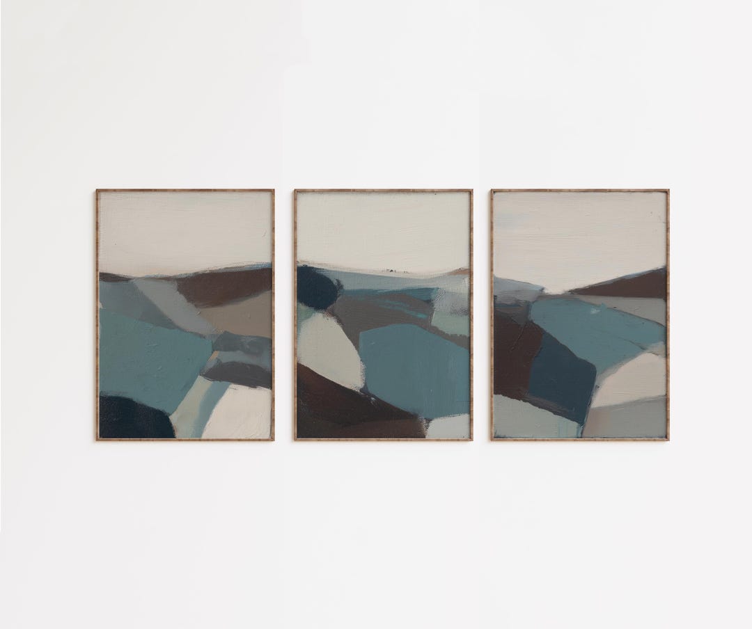 Abstract Landscape Wall Art Set of 3 - Modern Neutral Blue and Beige ...