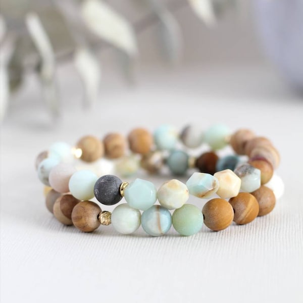 Amazonite Women Bracelet 8mm, Genuine Frosted Amazonite & Wood jasper bracelet - Bohemian Bracelet for Women - a gift for her -