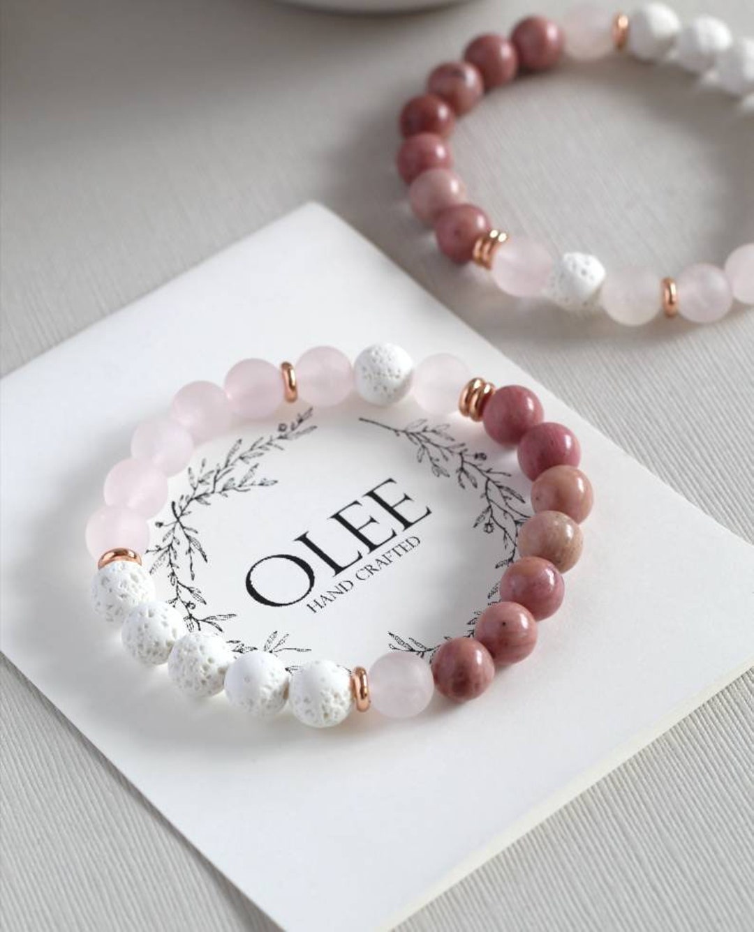 Rose Quartz & Rhodonite Beaded Gemstone Bracelet 8mm, Oil Diffuser ...