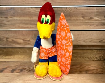 RARE Vintage Woody Woodpecker Plush Toy - Universal Studios - Surfboard & Sandals - Unique Collectible - 16 In - Character Memorabilia