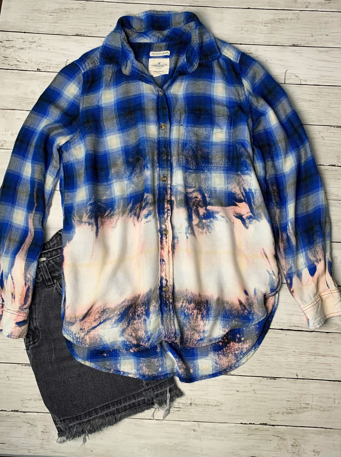 Blue Flannel Distressed Bleached womens Flannel womens Etsy