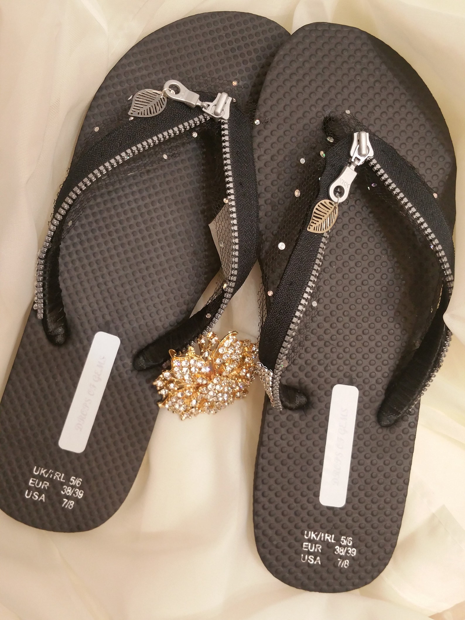 Decorated Flip Flops with Black Tulle and  Black Colour Silver Zipper