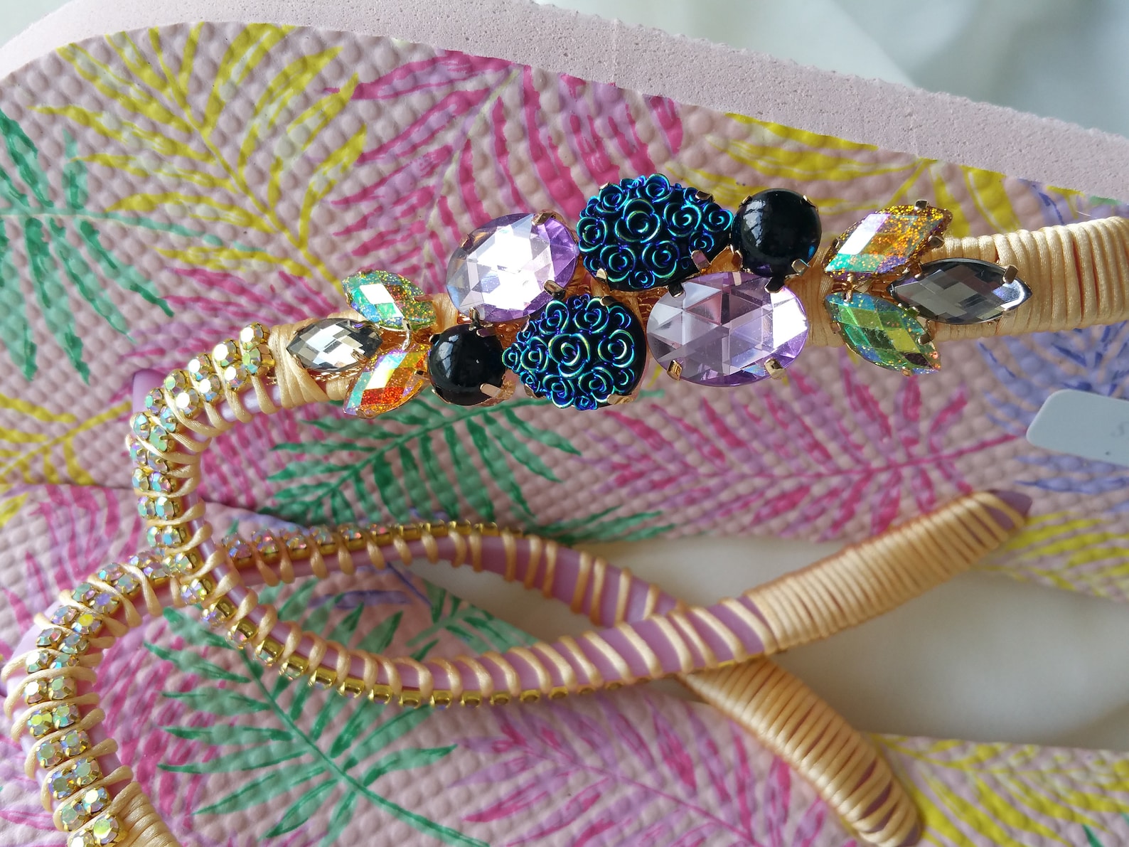 Decorated Flip Flops with Colourful Fancy Glass Crystals with Gold Crystal Rhinestones