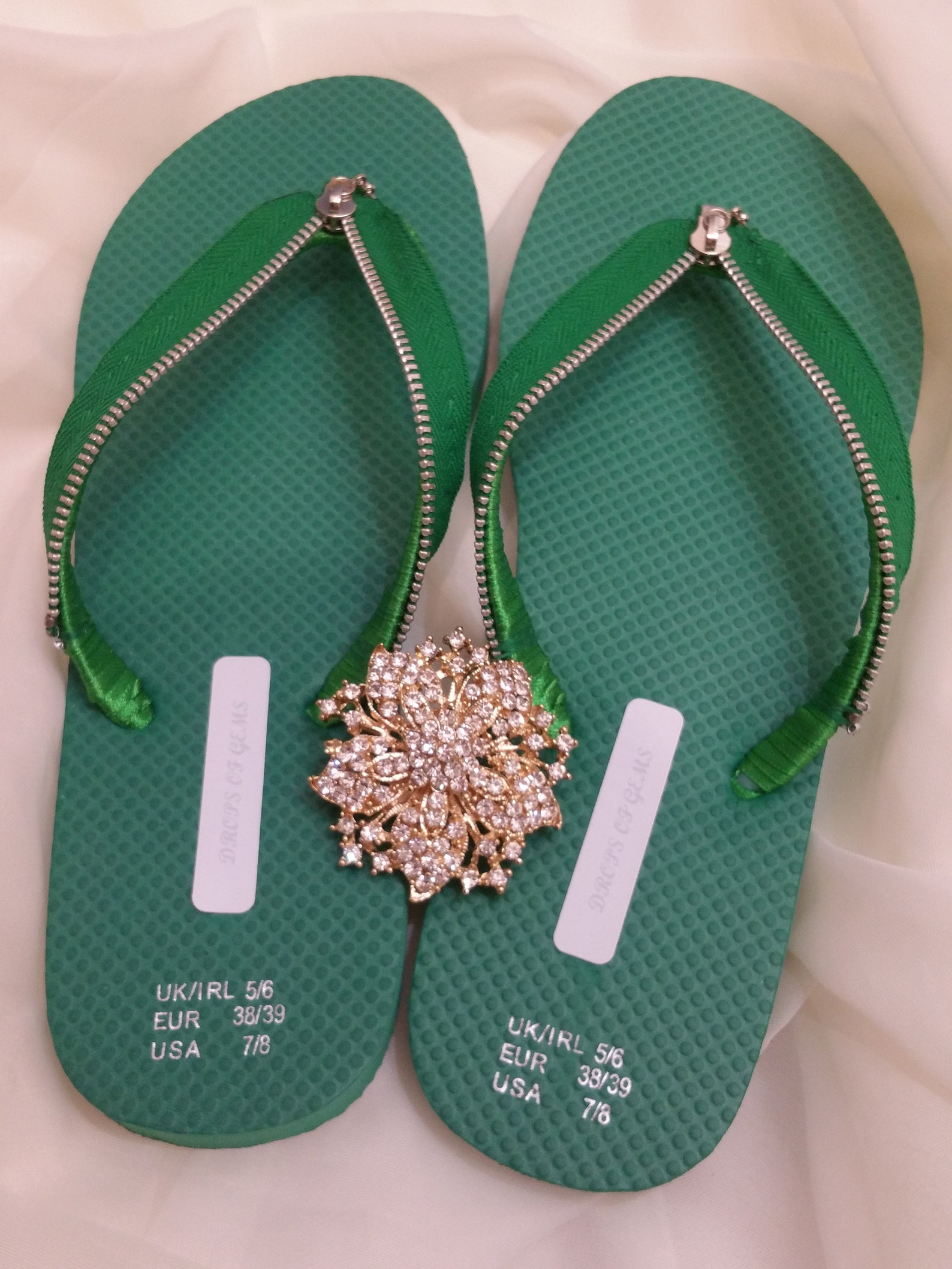 Embellished Flip Flops with Green Coloured Silver Zipper