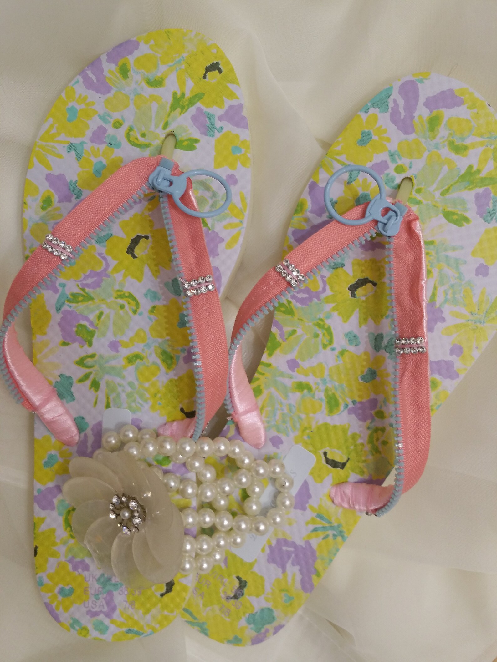 Decorated Flip Flops with Light Pink Zipper