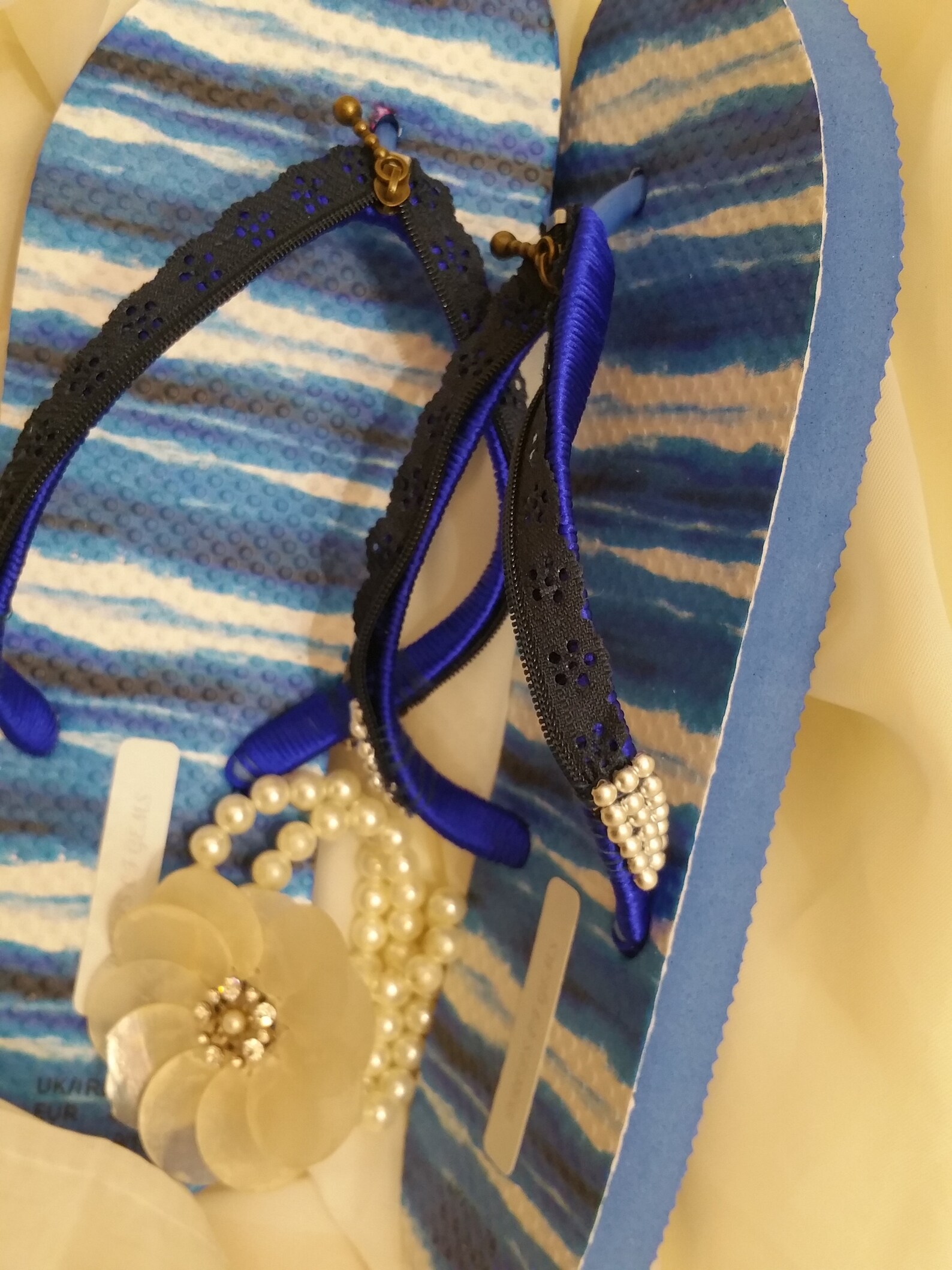 Decorated Flip Flops Embellished with Navy-Blue Lace Zipper