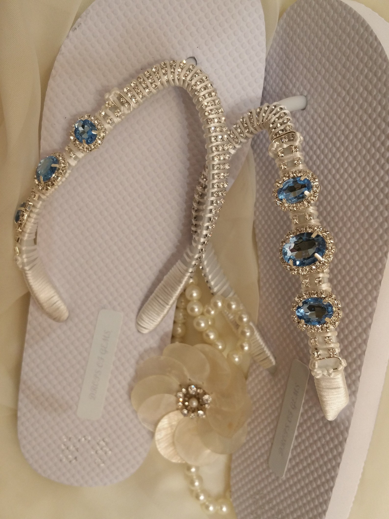 Enbellished Flip Flops with Blue Crystal Rhinestones