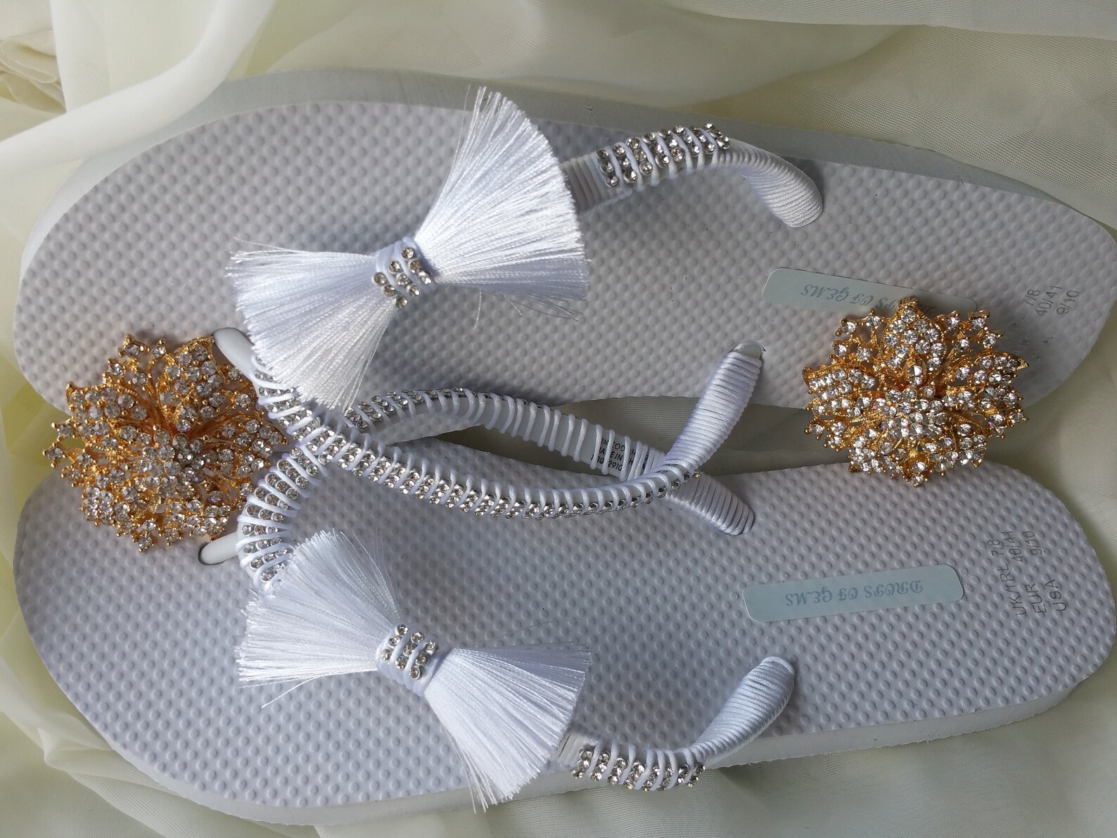 Decorated Flip Flops with Rhinestones and Embellished White Silk Pompom