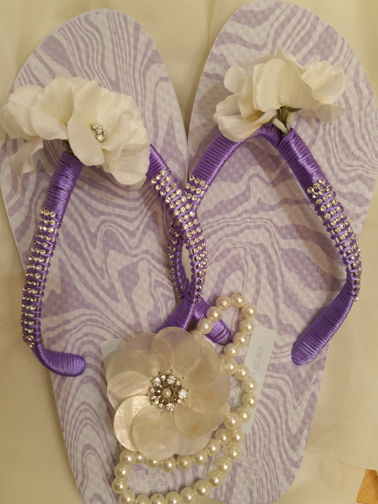 Decorated Flip Flops with Rhinestones and Embellished White Silk Flowers