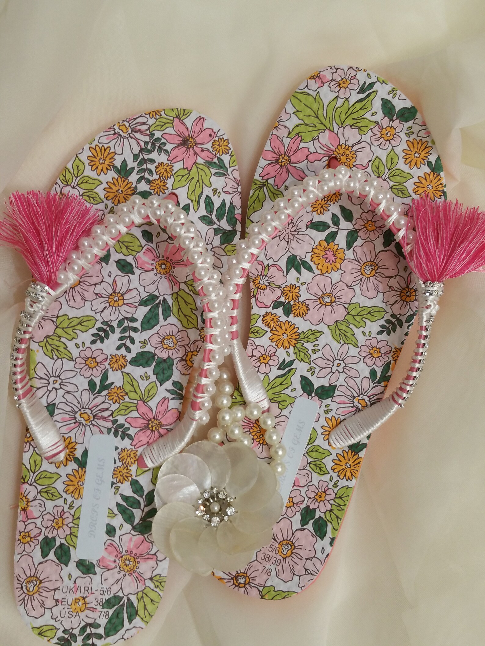 Decorated Flip Flops with Pearls and Embellished Rhinestones with Pinkish Pompom