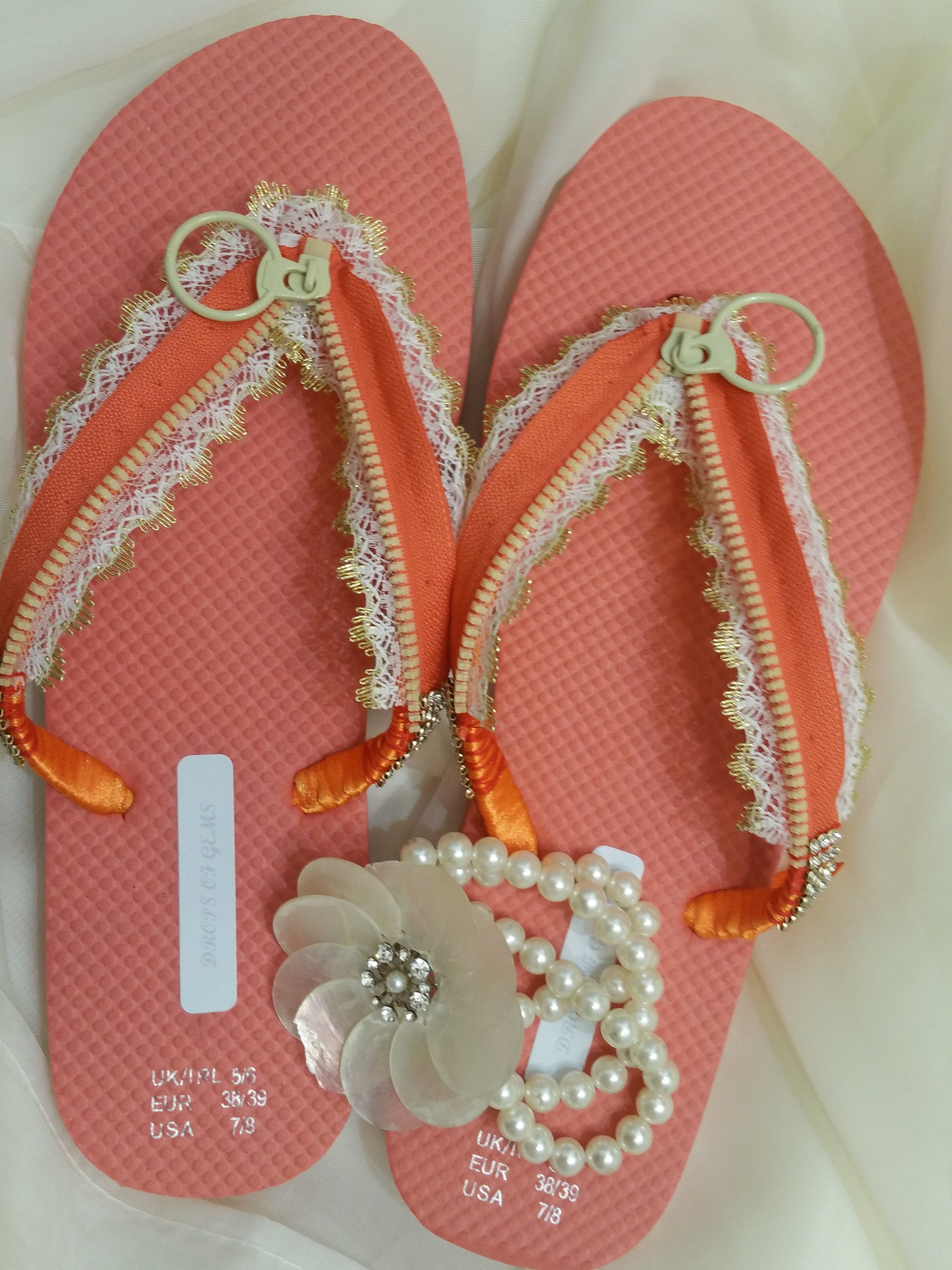Decorated Flip Flops with Salmon Colour Zipper and White Gold Rim Lace