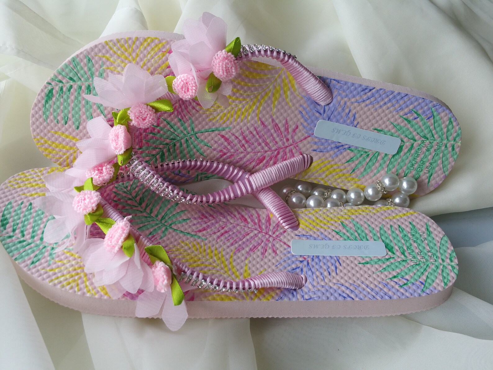 Embellished Flip Flops with Rhinestones and Light Pink Chiffon Flowers Leaves