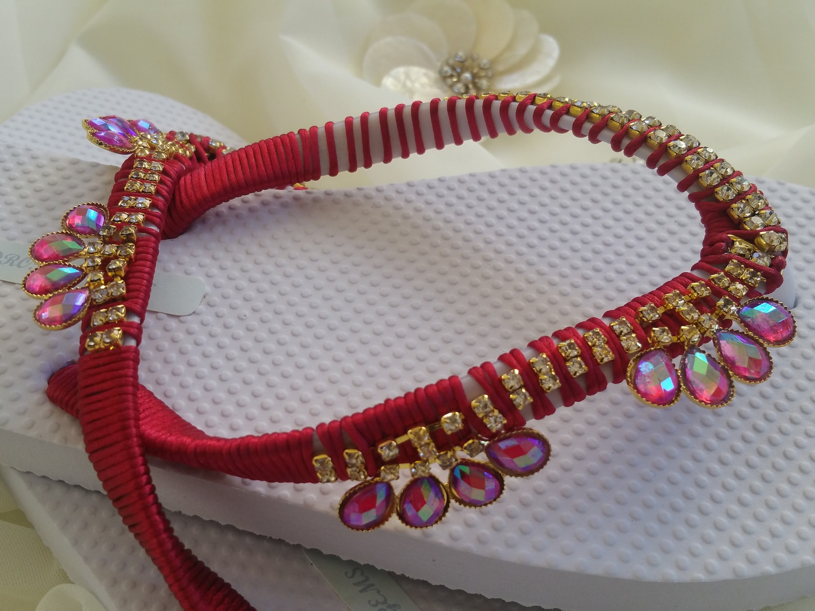 Decorated Flip Flops with Sparkly Light Burgundy Crystal Rhinestones