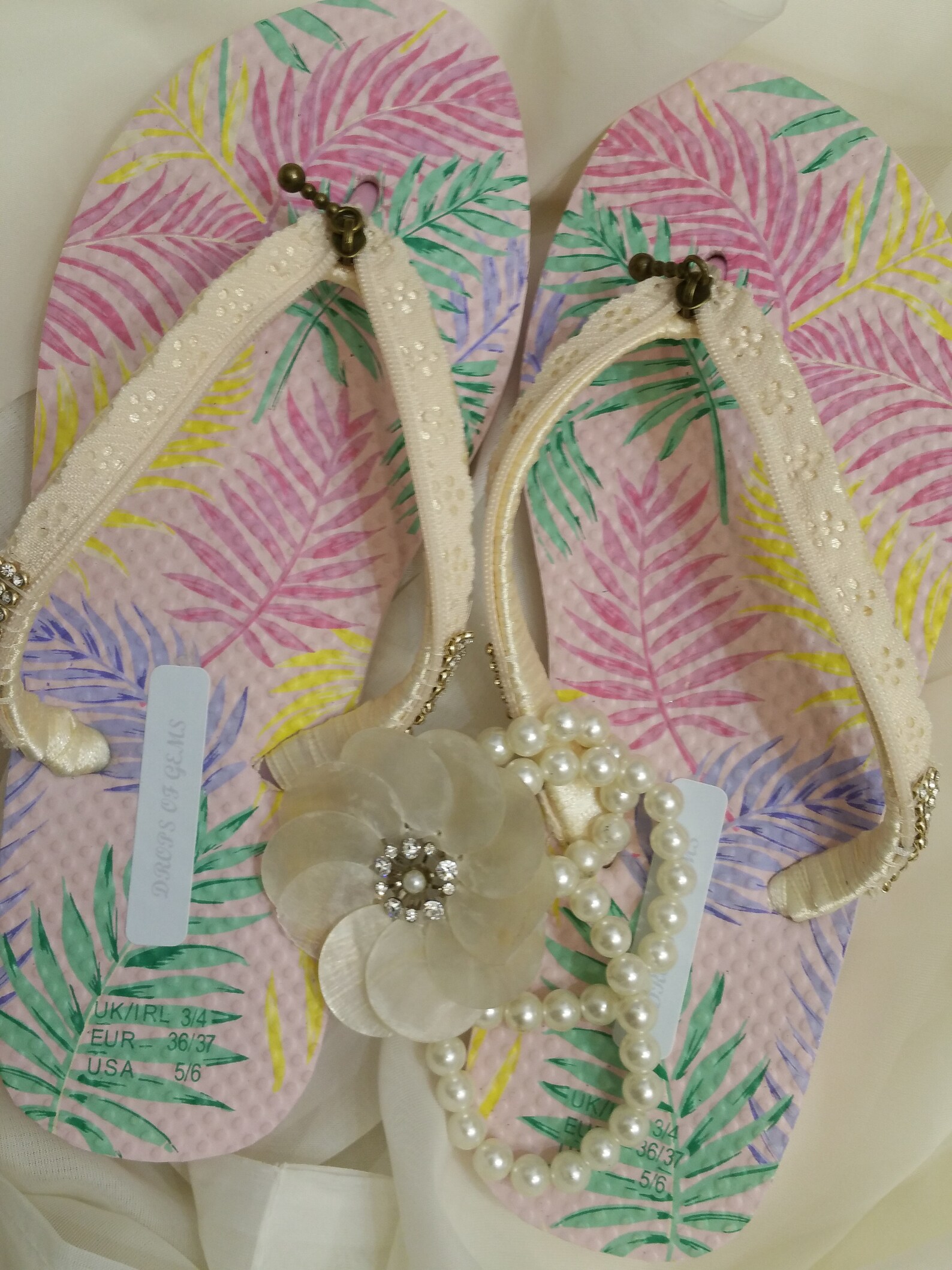 Decorated Flip Flops with Light Beige Lace Zipper
