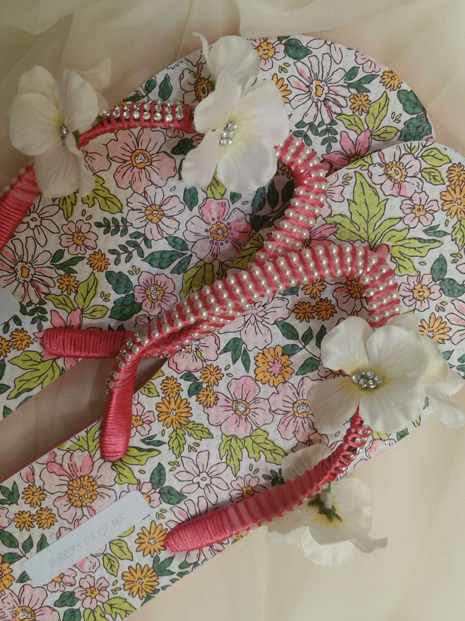 Embellished Flip Flop with Half Pearls and White Silk Flowers