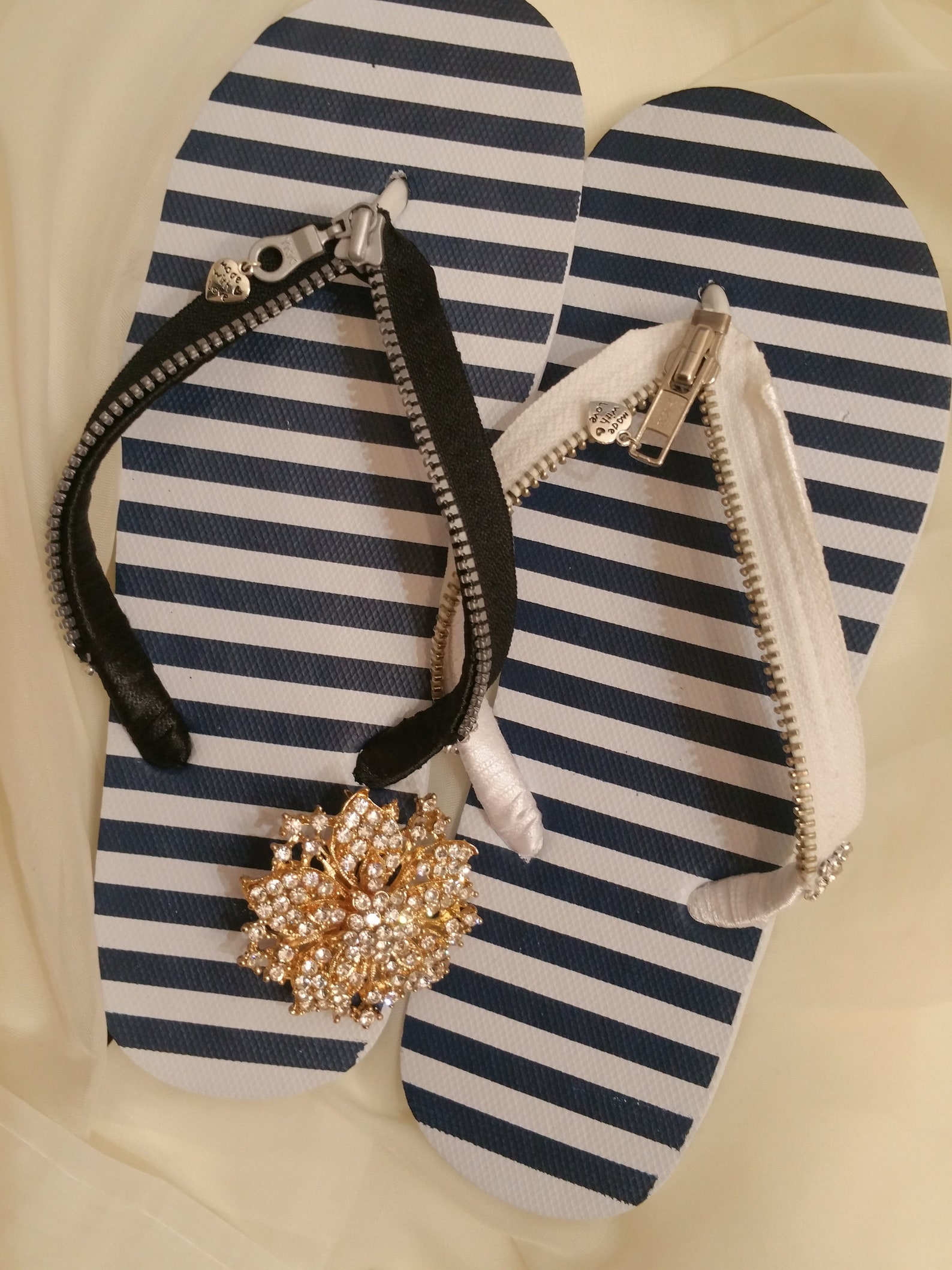 Embellished Flip Flops with Navy-Blue and White Mismatched Silver Zipper