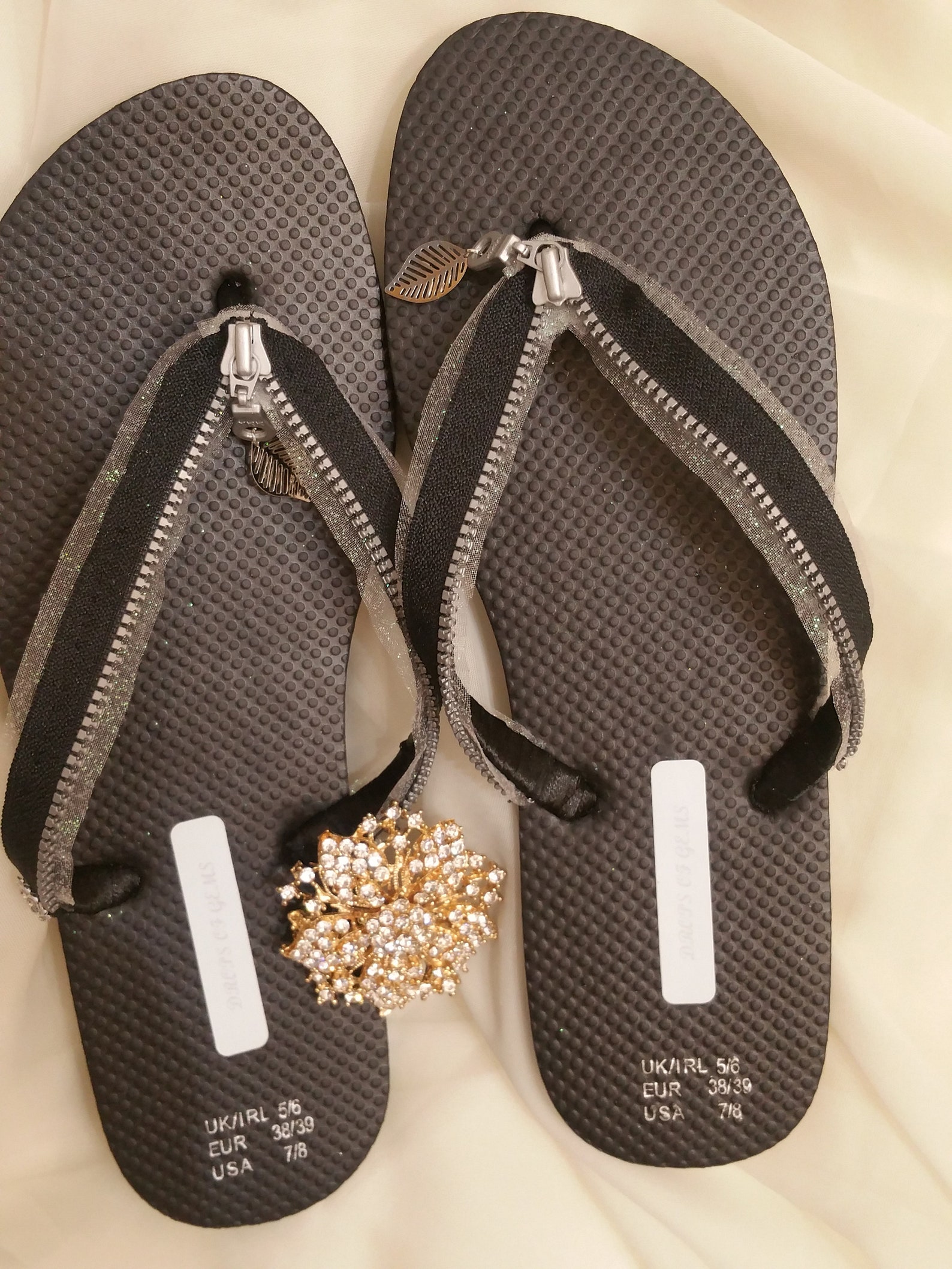 Decorated Flip Flop with Black Coloured Metal Silver Zipper and Silk Organza