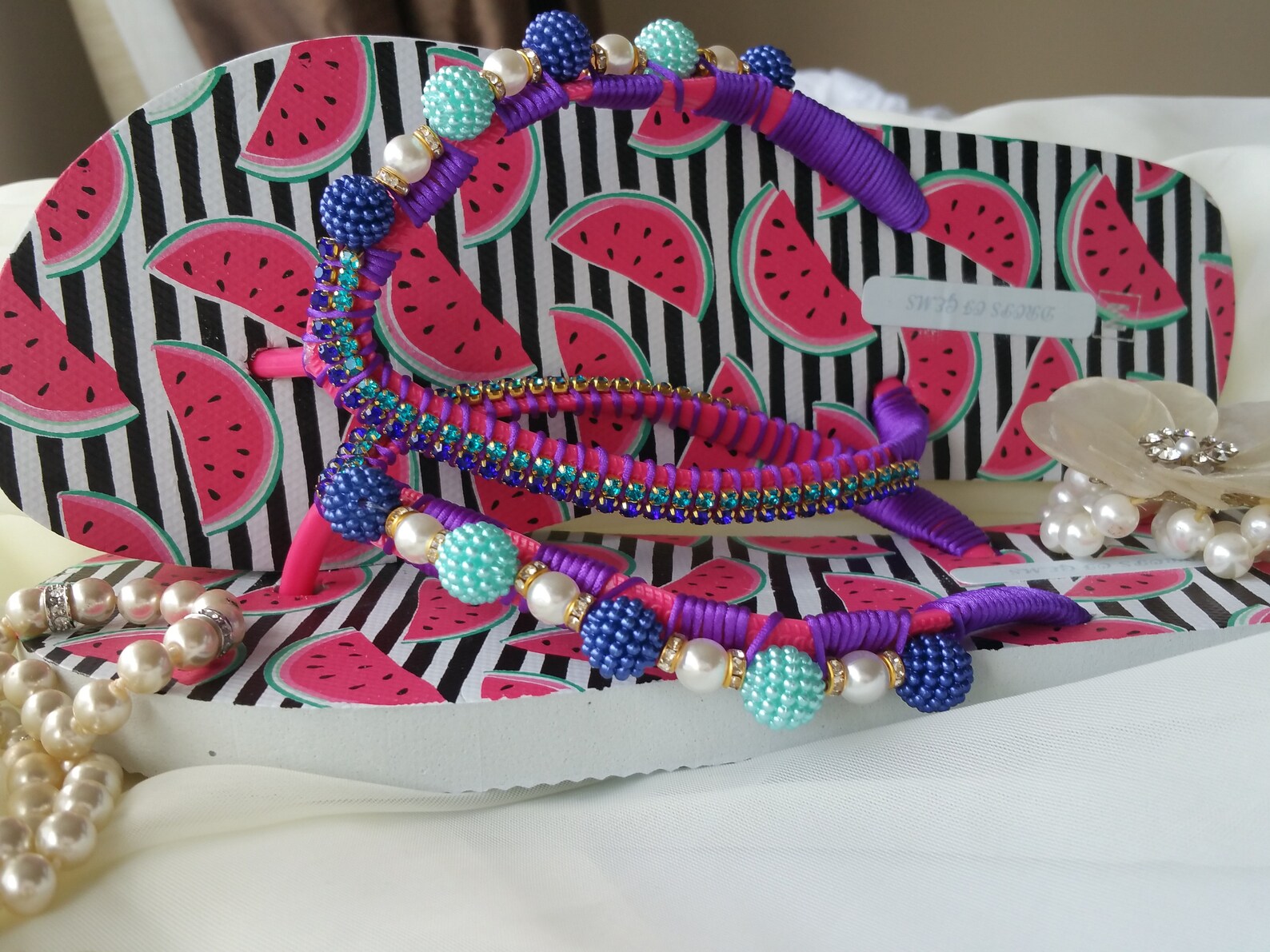 Embellished Flip Flips Mauve Blue andTurquoise Berry Beads and White Pearls Gold Rondelles