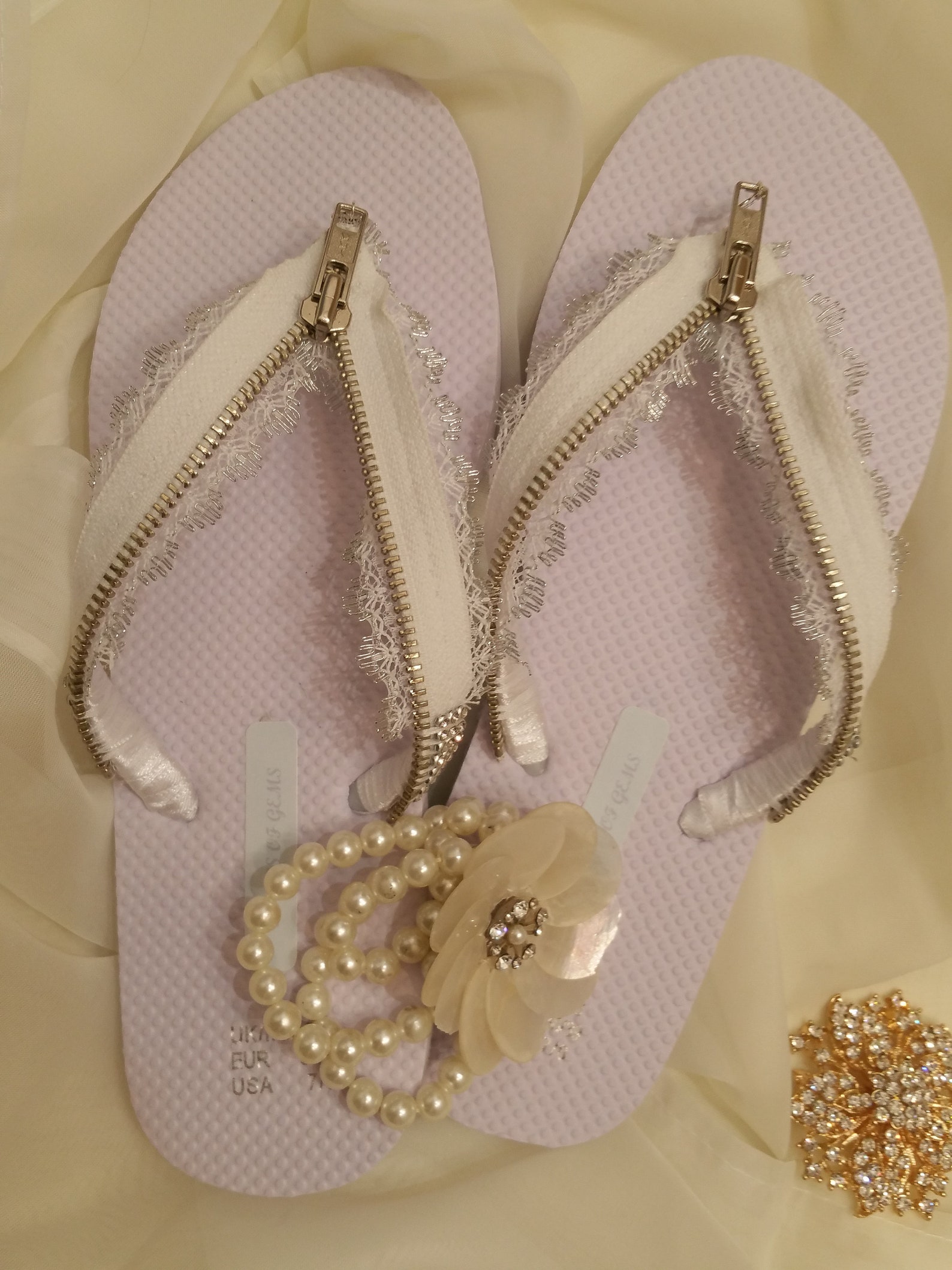 Embellished Flip Flops with White Metal Silver Zipper and White Silver Rim Lace