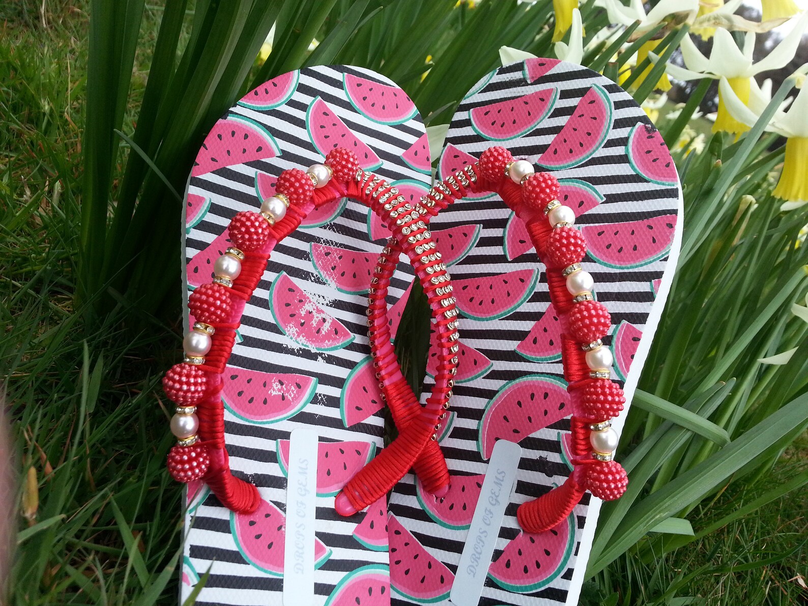 Embellished Flip Flops with Red Berry Beads White Pearls and Gold Rondelles
