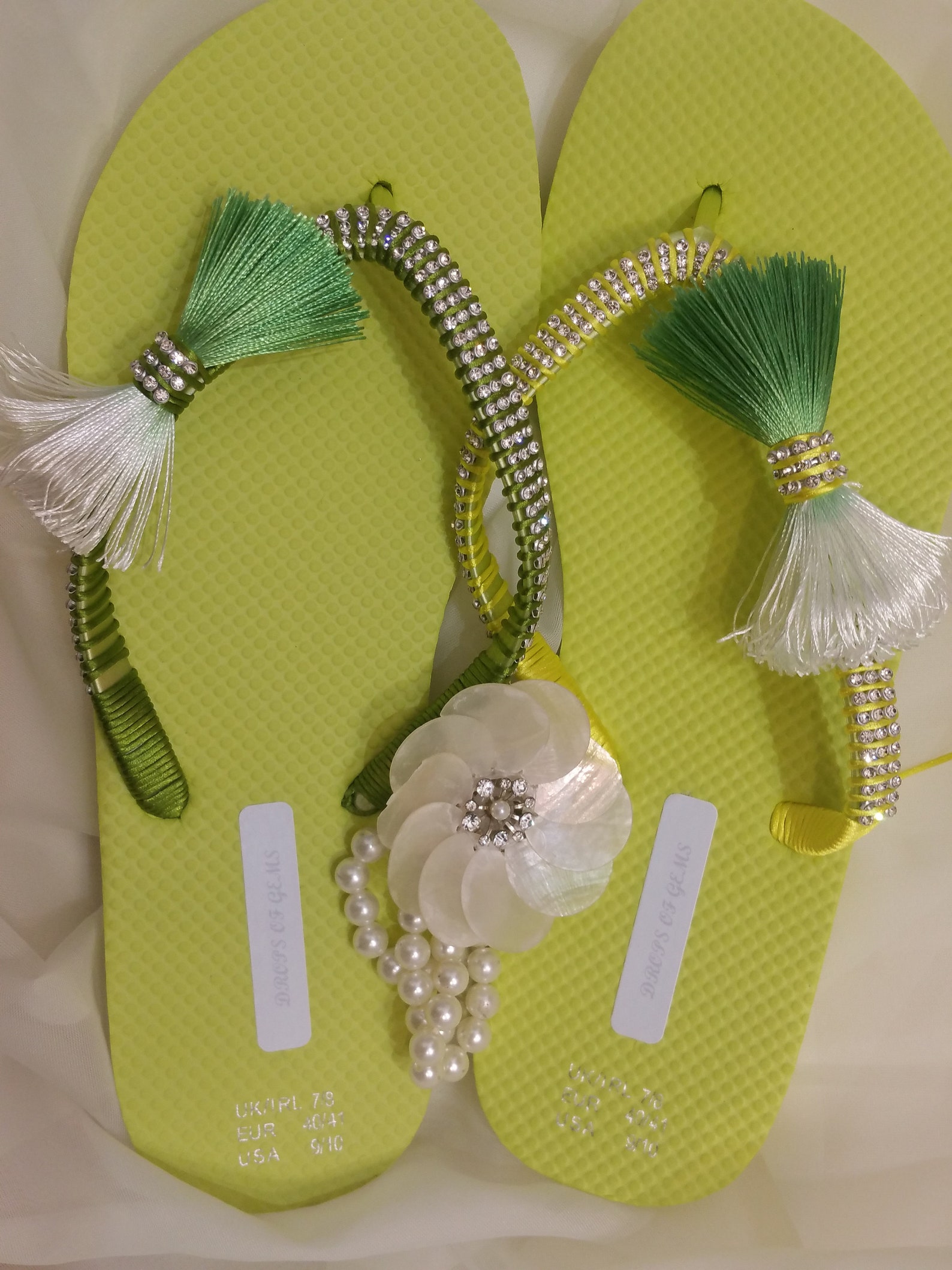 Embellished Flip Flops with Llime Green Gradient Colour Pompom