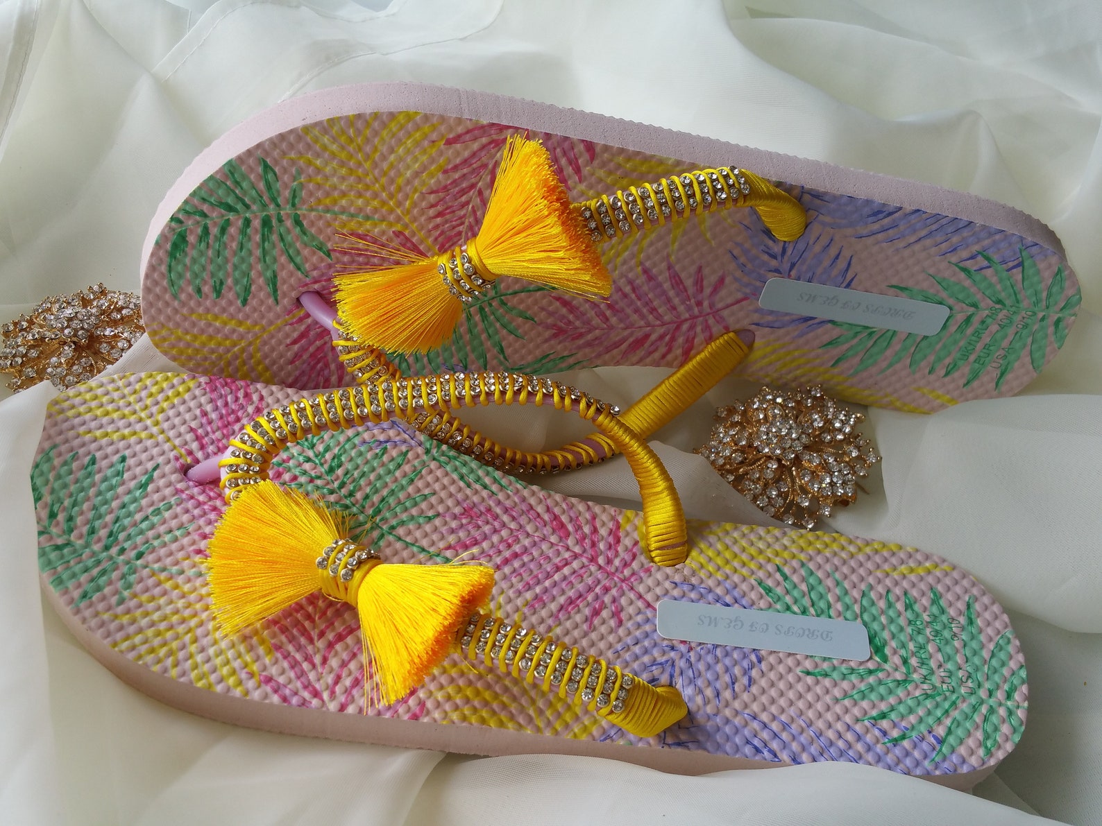 Embellished Flip Flops with Crystal Rhinestones and Decorated with Yellow Silk Pompom