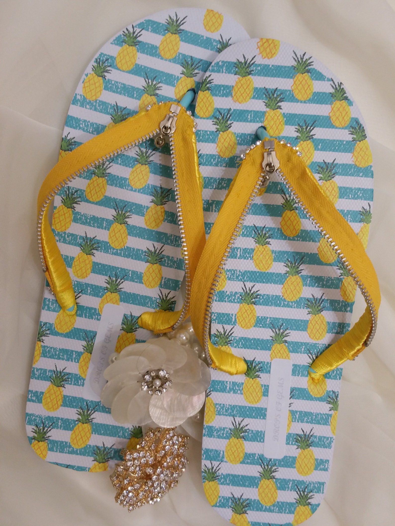 Decorated Flip Flops with Yellow Silver Zipper
