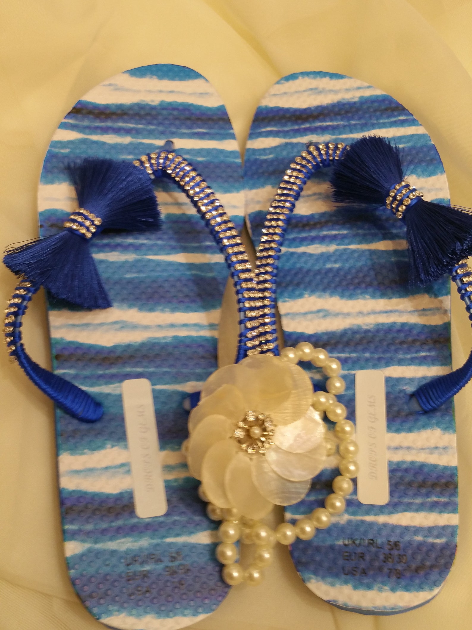 Embellished Flip Flops with Rhinestones and Mauve Blue Colour Pompom