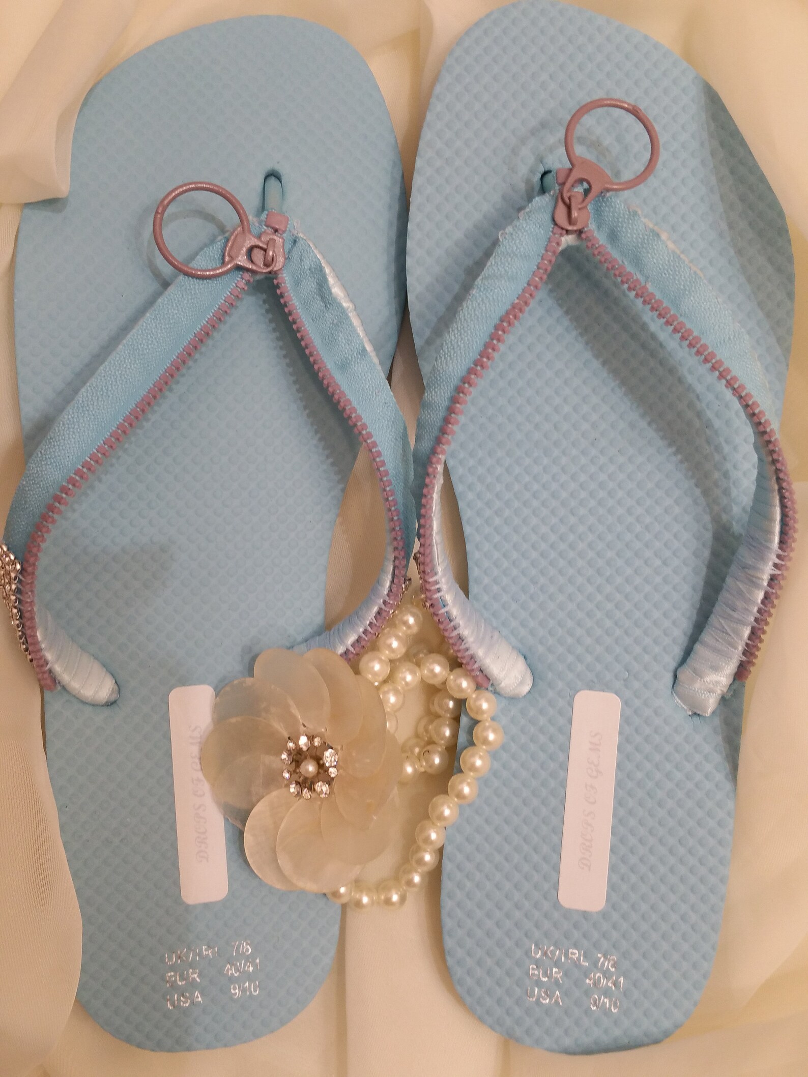 Decorated Flip Flops with Light Blue Coloured Zipper